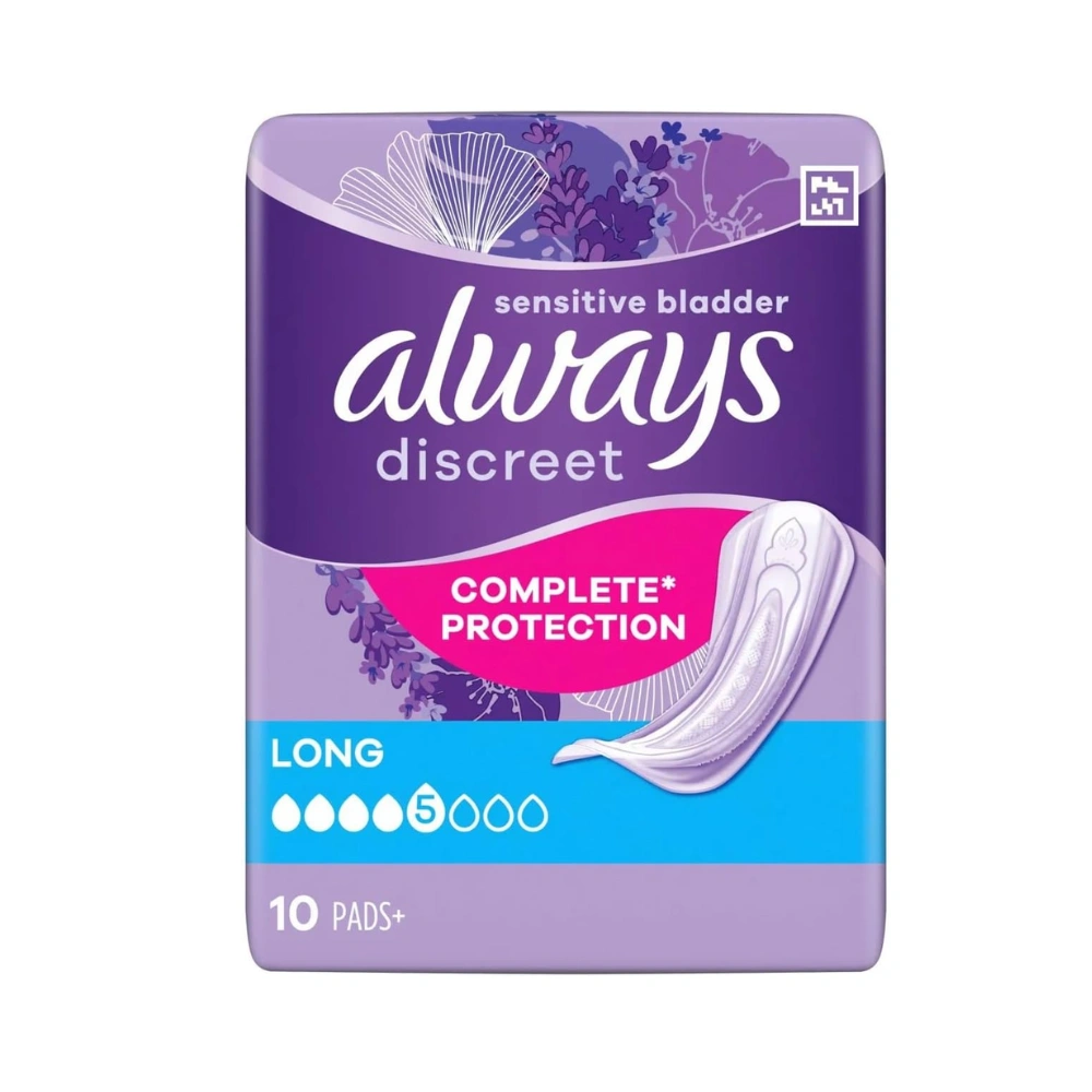 Always Discreet Incontinence Pads Plus Long, 10 Pads